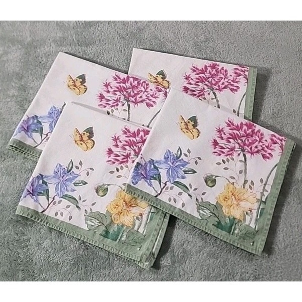 VTG Floral Butterfly Napkims LENOX SET OF 4 PASTEL 100% COTTON 19" X 17" Spring